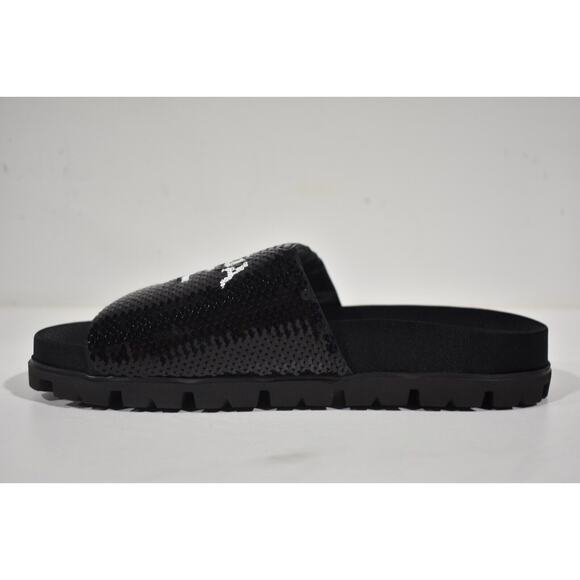 Prada Black Sequin White Logo Slide Sandal Slip On Pool Flip Flop Flat 38.5 - Picture 8 of 11